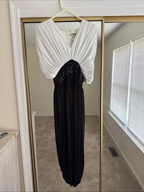 Black and White Draped Maxi Dress with Sequin Waist